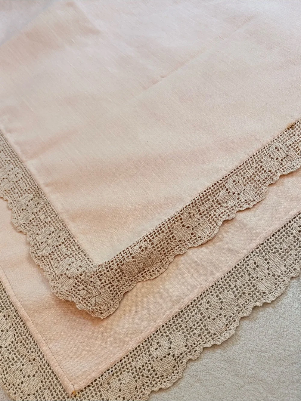 Classic Crochet Lace Trim Linen Tablecloth in Cream Tan Vintage Handmade